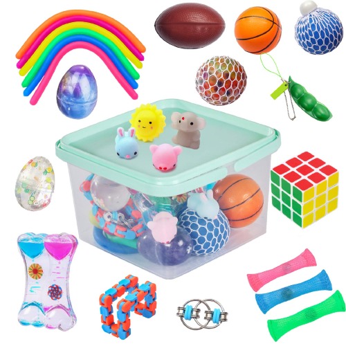 KINGYAO 24 Pack Bundle Sensory Fidget Toys Set-Liquid Motion Timer/Grape Ball/Mochi Squishy/Stretchy String/Flippy Chain/Easter Egg/Marble Mesh/Squeeze Bean/Cube for Autistic Kids ADHD Anti-stress Toy - 