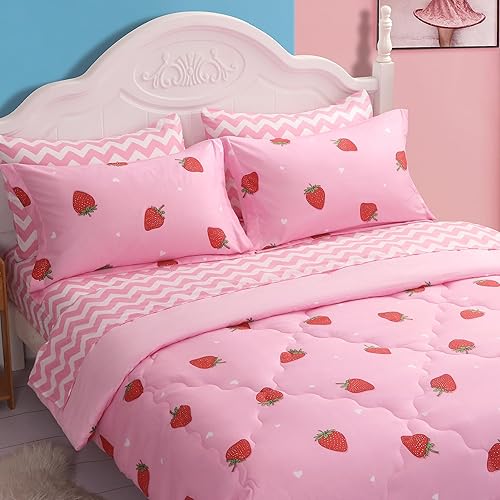Gusuhome Strawberry Comforter Bedding Set Full Size for Girls 7 Piece Pink Kawaii Comforter Set Bed in A Bag for Kids Teens All Season (1 Comforter,1 Flat Sheet,1 Fitted Sheet and 4 Pillow Sham) - Strawberry - Full