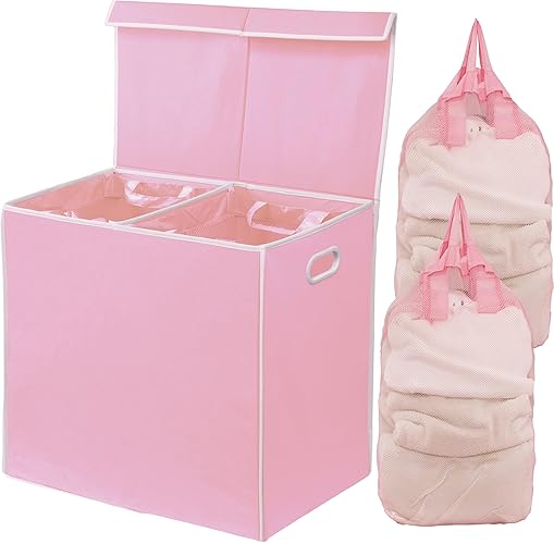Simple Houseware Double Laundry Hamper with Lid and Removable Bags, Pink - Pink