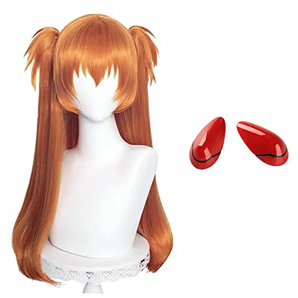 Ginger Orange Wig with Pigtails Cosplay Wig + Hairpin Anime Pigtails Womens Long Straight 2 Ponytails Halloween Hair Wig + Cap