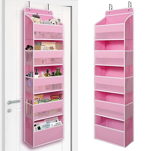 TYMENSH Over Door Organizer with 5 Large Pockets, Heavy Duty Hanging Organizer Storage, Closet Bathroom Nursery Bedroom Dorm, Toys Cosmetics Sundries and Baby Essentials, Pink - Pink