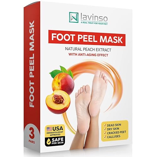 Lavinso Peach Foot Peel Mask for Dry Cracked Feet - 3 Pack - Dead Skin Remover Foot Mask for Cracked Feet and Callus - Exfoliating Feet Peeling Mask for Soft Baby Feet - Peach - 1 Count (Pack of 3)