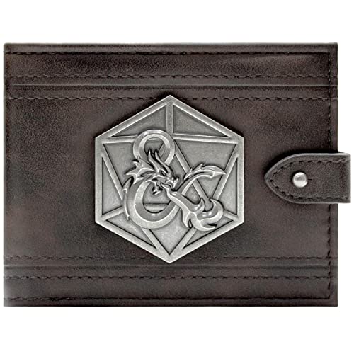 Player's Handbook Dungeons & Dragons 3D Ampersand Metal Dice Badge Wallet Bi-Fold ID & Card Holder, Brown