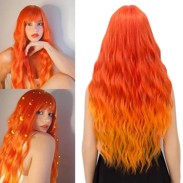 netgo Orange Fire Wig for Women Long Wavy Heat Resistant Fiber Wigs Side Bangs Cosplay Party - Orange Ombre