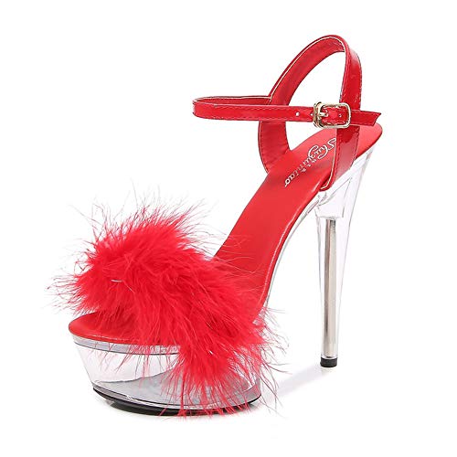 Clear Platform Fluffy Heels - 9 - Red