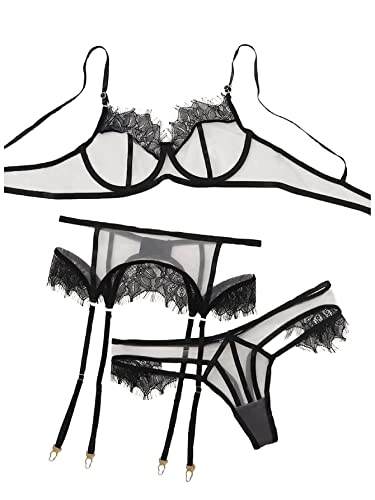 Sexy Lingerie Set Bra Panty Belt See Through 3 Piece - Small - Mesh lace black