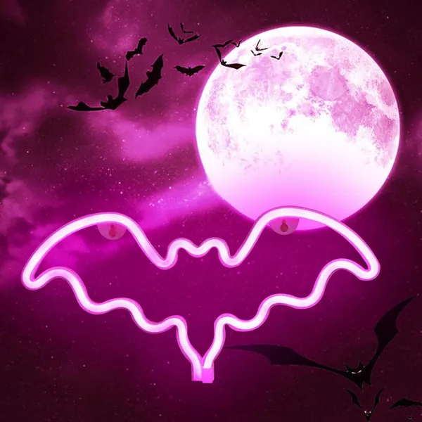 LED Neon Bat Lights Halloween Decor, Bat Shape Neon Signs Night Lights Battery Operated Desk Table Lamp for Bedroom, Bar, Wall, Halloween Decor-Bat(Pink)