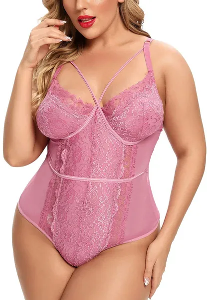 Plus Size Lingerie for Women Sexy Eyelash Lace Bodysuit Naughty Mesh One Piece Teddy Outfits