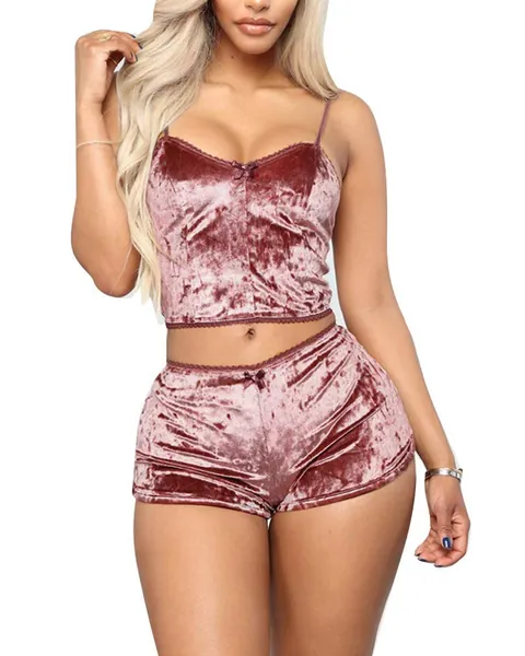 Top-Vigor Women's Velvet 2 Piece Outfit Sets Sexy Pajamas Sleepwear Sleeveless Crop Top+ Shorts Set