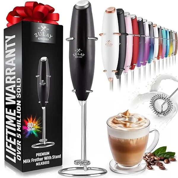 Zulay Kitchen Powerful Milk Frother Wand - Ultra Fast Handheld Drink Mixer - Electric Whisk Foam Maker for Coffee, Lattes, Cappuccino, Frappe, Matcha, Hot Chocolate & Coffee Creamer - Milk Boss Black - Z1 Motor Max - Metallic Black