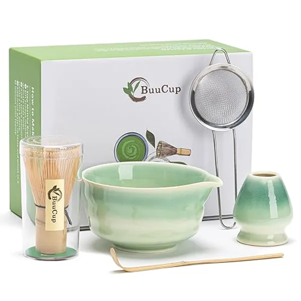 Buucup Japanese Matcha Set, Matcha Bowl with Spout, Matcha Whisk and Holder, Bamboo Matcha Scoop and Stainless Steel Sifter - 5 Pcs Gradient Green Matcha Kit for Matcha Lover - White Green