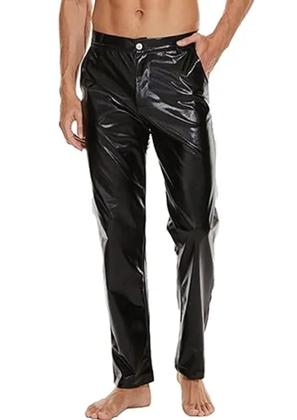 Mens Metallic Shiny Disco Pants, Wet Look Party Dance Straight Leg Trousers, 70s/80s Festival Rave Cosplay Leather Pants - Large - Black
