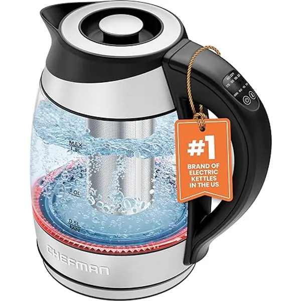 Chefman Electric Kettle with Temperature Control, 5 Presets LED Indicator Lights, Removable Tea Infuser, Glass Tea Kettle & Hot Water Boiler, 360° Swivel Base, BPA Free, Stainless Steel, 1.8 Liters - 1.8L - Temperature Control