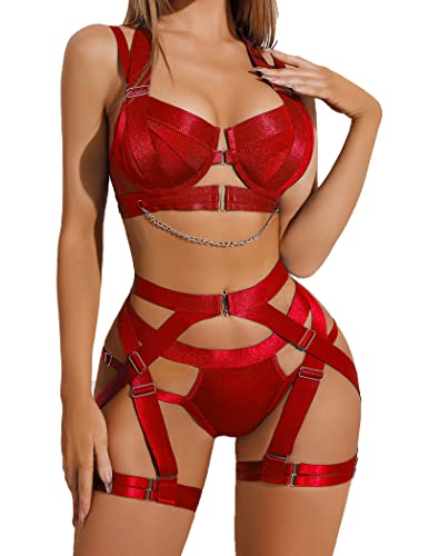 Avidlove Lingerie Set for Women Sexy Strappy Lingerie Underwire Push Up Bra Garter Set Lingerie with Chain - Red - Small