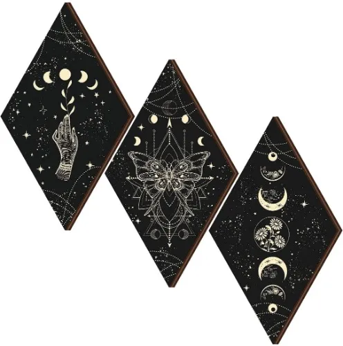 Ferraycle 3 Pcs Rustic Boho Wall Decor Moon Phases Butterfly Wall Art Stars Moon Decor Minimalist Room Decor Wooden Gothic Witchy Wall Pediments Hanging Sign for Home (Black, Gold, 6.7 x 11.8 Inch)