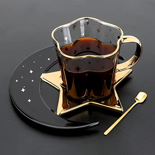 8.1 oz/240 ml Glass Coffee Cup And Ceramic Star Moon Saucer With Spoon Set Golden Handle Glass Cup Afternoon Tea Cola Juice And Water Drinks cup (black) - Black