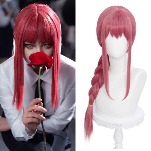 Long Pink Braids Wig for Makima Cosplay Anime Braided Wig with Bangs for Chainsaw Man Halloween Party Hair Wig + Free Cap - Pink