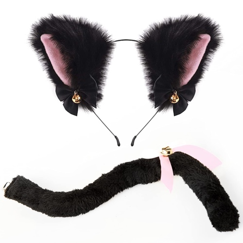 Funcredible Cat Ears and Tail Set | Furry Cat Ears Headband with Tail | Kitten Anime Neko Ears | Halloween Cosplay Party Cat Costume Accessories for Women Girls Adult Kids (Black) - 