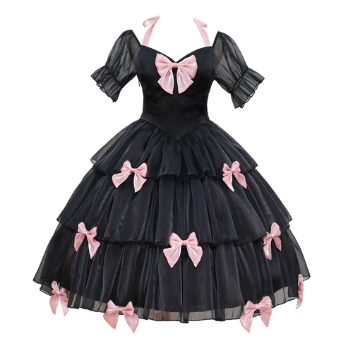 ZZEQYG Elegant Pink Gothic Dress Puff Sleeve Dress with Bows - Small Black-op
