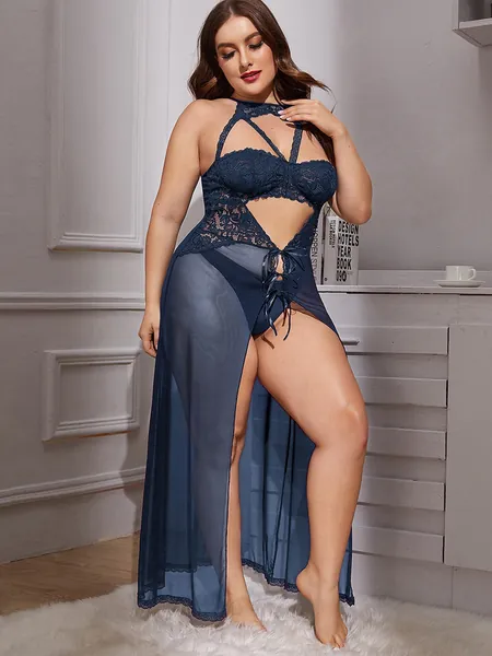 Plus Contrast Lace Mesh Tie Front Slips With Thong