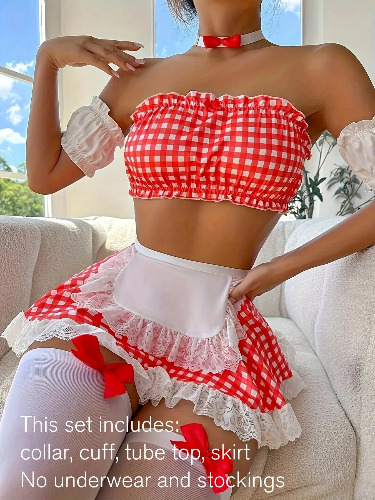 Plaid Housemaid Cosplay Lingerie 4-Piece Maid Sexy Women's Outfit Fantasia Intimate Sex Fetish Cute Adult Goods Costume - Red / XL