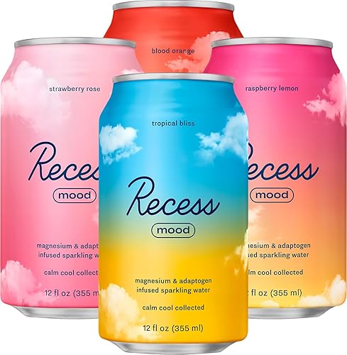 Recess Mood Magnesium & Adaptogen Drink, Relaxation Beverage, 12 ounce (Paradise Sampler Variety Pack, 12 pack) - Paradise Sampler