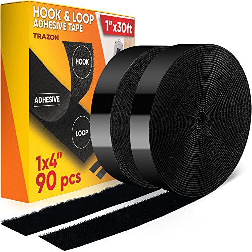 Hook and Loop Tape Roll with Heavy Duty Adhesive Industrial Strength Easy to Cut, Strong Hook and Loop Strips with Sticky Back, Black (Black, 1 Inch x 30 Feet) - Black - 1 Inch x 30 Feet