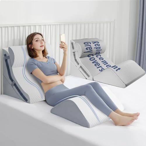 4Pcs Orthopedic Bed Wedge Pillow Set with 4Pcs Replacement Pillowcase, Incline Wedge Pillow for Back Pain Relief/Sleeping/Snoring/Post Surgery/Leg Elevation 20-in-1 Adjustable Memory Foam Wedge Pillow - White