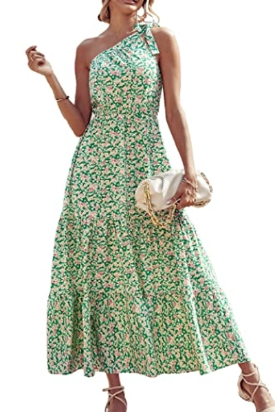 PRETTYGARDEN Women's Floral Summer Dress 2023 Knot One Shoulder Sleeveless Ruffle Hem Flowy Boho Maxi Dresses - Green White - X-Large