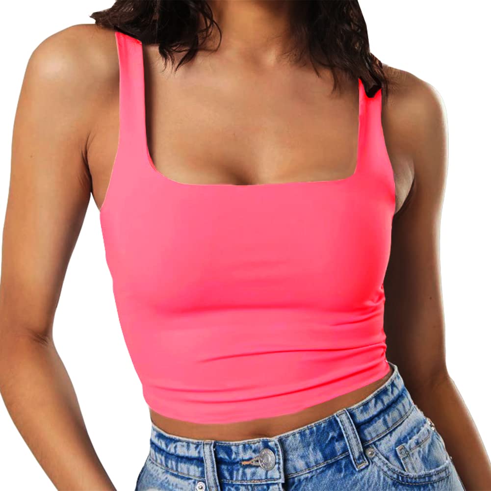 Artfish Women's Sleeveless Strappy Tank Square Neck Double Layer Workout Fitness Casual Basic Crop Tops - Fluo Pink Small