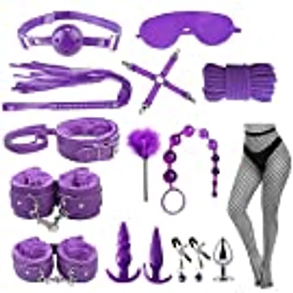 BDSM Restraints Sex Toys 15Pcs Bondage Restraints Set Fetish Bed Restraints Cosplay Kits for Beginners SM Adult Games Safe BDSM Cuffs Nipple Clamps Flogger Ball Gag Blindfold Rope Purple