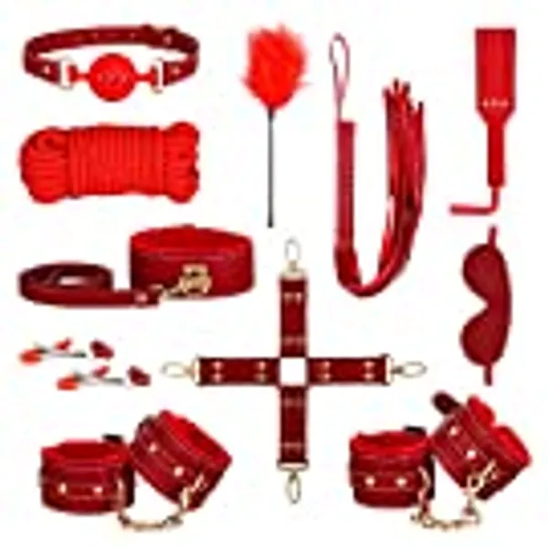 Sex Bondage BDSM Kit Restraints - UTIMI Upgrade 11PCS Sets with Adjustable Handcuffs Collar Ankle Cuff Blindfold Feather Tickler Adult Games Sex Toys for Men Women and Couples Foreplay | Red