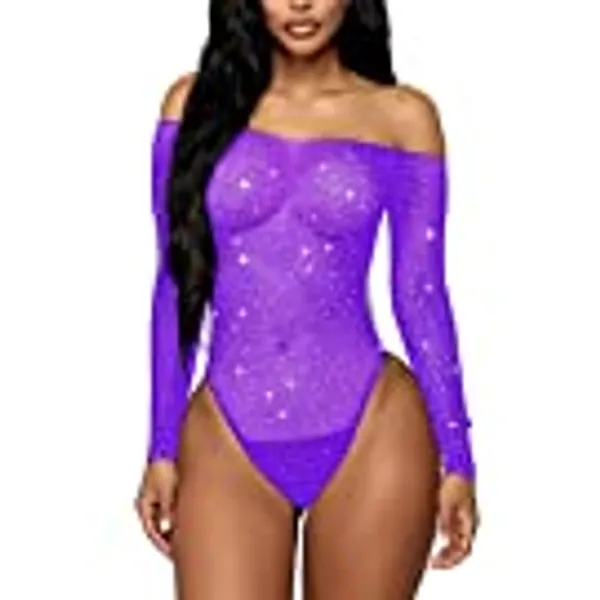 RSLOVE Women Lingerie Fishnet Bodysuit Sparkle Rhinestone Sexy Mesh Teddy Lingerie