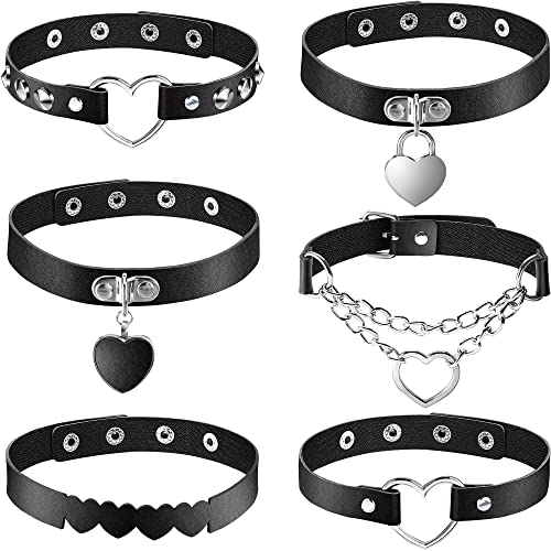 6 Pieces Heart Shaped Theme Leather Choker Punk Goth Choker Adjustable PU Leather Set (Black)