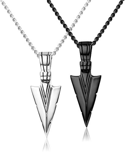 JeryWe 2Pcs Stainless Steel Pendant Necklaces for Men Boy Cool Viking Pendant Spearpoint Arrowhead Pendant Chain Necklace Set Black & Silver Tone