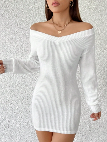 SHEIN PETITE Solid Color Off Shoulder Long Sleeve Bodycon Dress