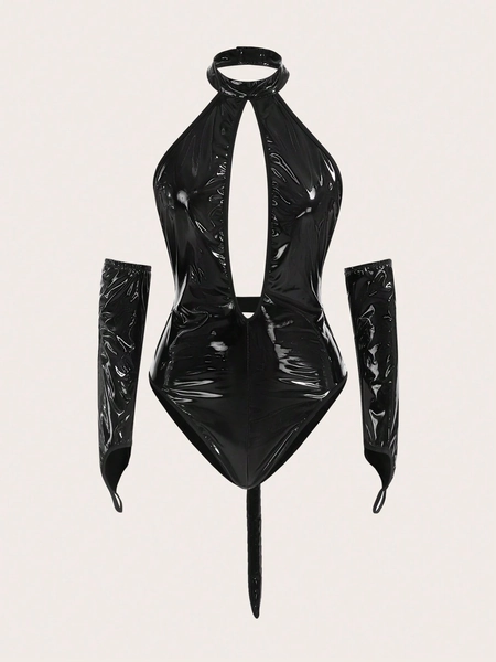 SHEIN ICON Cut Out PU Leather Halter Bodysuit With 1pair Oversleeves