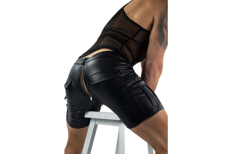 Men Cargo Leather Shorts Saddle Seat Gay Shorts with Back Zipper Black Sheepskin Leather Shorts LBGTQ Pride Leather Adult  Cargo Shorts