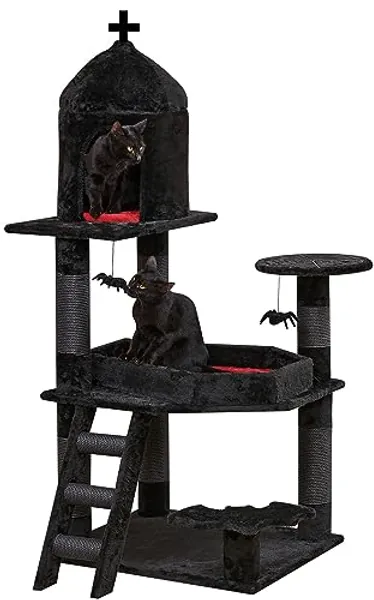 YARUOMY Gothic Cat Tree with Coffin Bed,55" Cat Tower with Spacious Cat Condo,Scratching Posts,Spider Hanging Ball,Multi-Level Cat Activities Furniture for Large Cats, Black Halloween