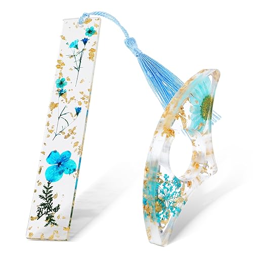 Gjinxi 2 Pcs Fan Book Page Holder, Dried Flower Resin Thumb Book Page Holder and Bookmark with Tassel, Book Accessories for Reading Lovers, Gift for Bookworm, Readers, Literary, Students, Teachers - Blue