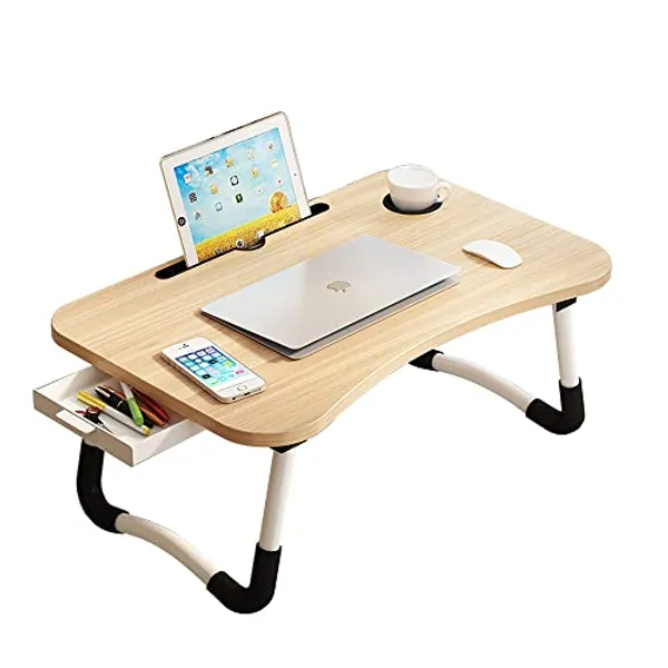 Lap Desk with Storage Drawer, Holders for Cup and Tablet, Laptop Bed Tray Table with Foldable Legs, Laptop Bed Stand, Portable Standing Table for Sofa Couch Floor (Walnut, 23")
