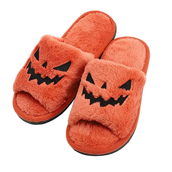 TITTOK Spooky Slides Halloween Slippers Jack O Lantern Pumpkin Soft Plush Cozy Open Toe Indoor Outdoor Fuzzy Slippers Gifts For Girls Women Girlfriend Men