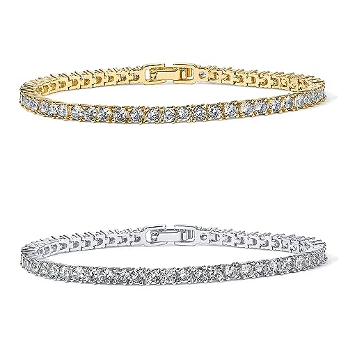 PAVOI 14K Gold Plated 3mm Cubic Zirconia Classic Tennis Bracelet | Gold Bracelets for Women | Size 6.5-7.5 Inch - 14K Gold Plated - 6.5 Inches - White & Yellow