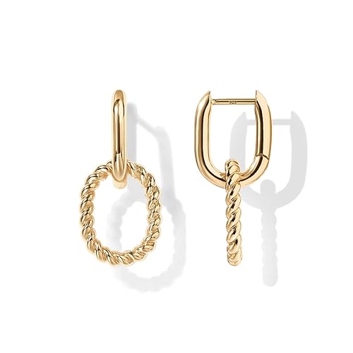 PAVOI 14K Gold Convertible Link Huggie Earrings for Women | Paperclip Link Statement Earrings | Cubic Zirconia Two-Toned Rope Drop Dangle Earrings - Yellow Gold - Rope