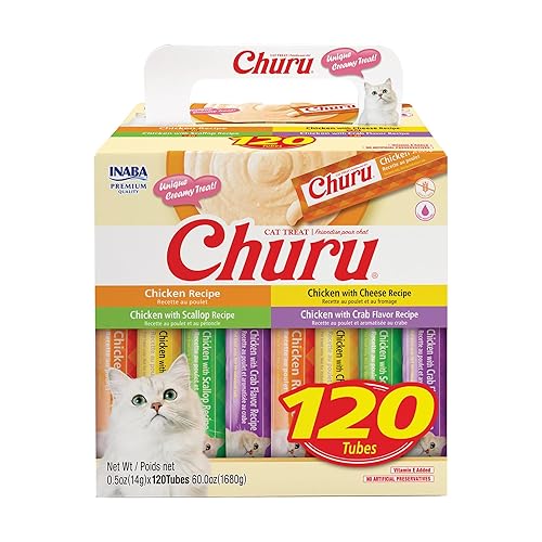 INABA Churu Cat Treats, Lickable, Squeezable Creamy Purée with Vitamin E, 0.5 Ounces per Tube, 120 Tubes Total, Chicken Variety - Chicken Variety - 1 Count (Pack of 120)
