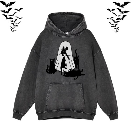 Black Cat Ghouls Vintage Washed Hoodie Sweatshirt - Hoodie / Black / M (Bust 116 cm)
