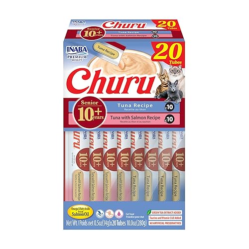 INABA Churu for Senior 10+, Creamy Lickable Cat Treats with Taurine, Vitamin E & C, 0.5 Ounces Each, 20 Tubes, Tuna Variety - Tuna Variety - 1 Count (Pack of 20)