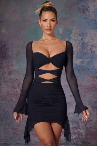 Twist Cut Out Long Sleeve Mini Dress in Black | 0