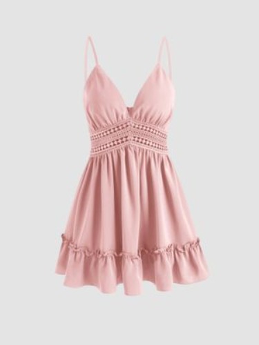 Cider Solid Hollow Out Ruffle Mini Dress