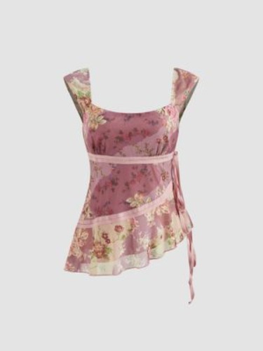 Cider Pink Mesh Floral Asymmetrical Ruffle Trim Knotted Top